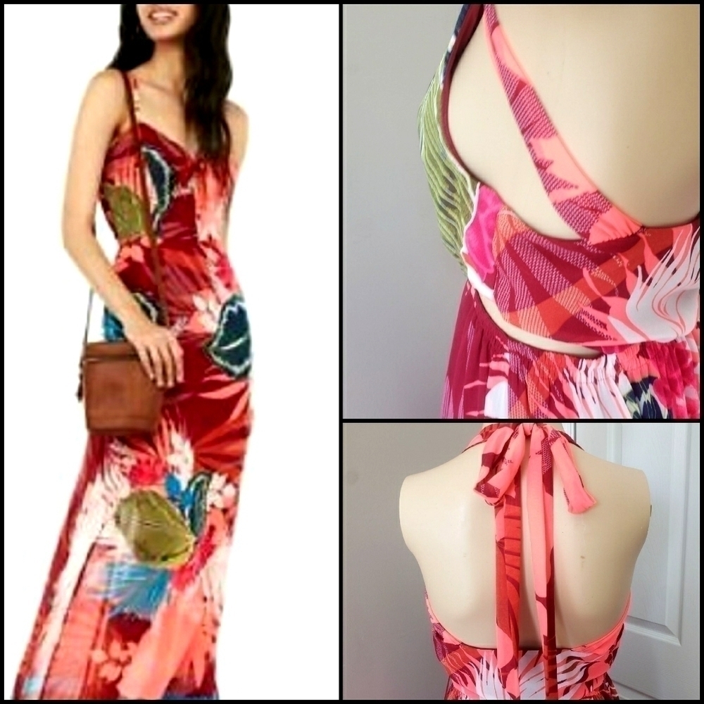 NEW! EXPRESS Tropical Palm/Floral Halter Maxi Dress XXS.